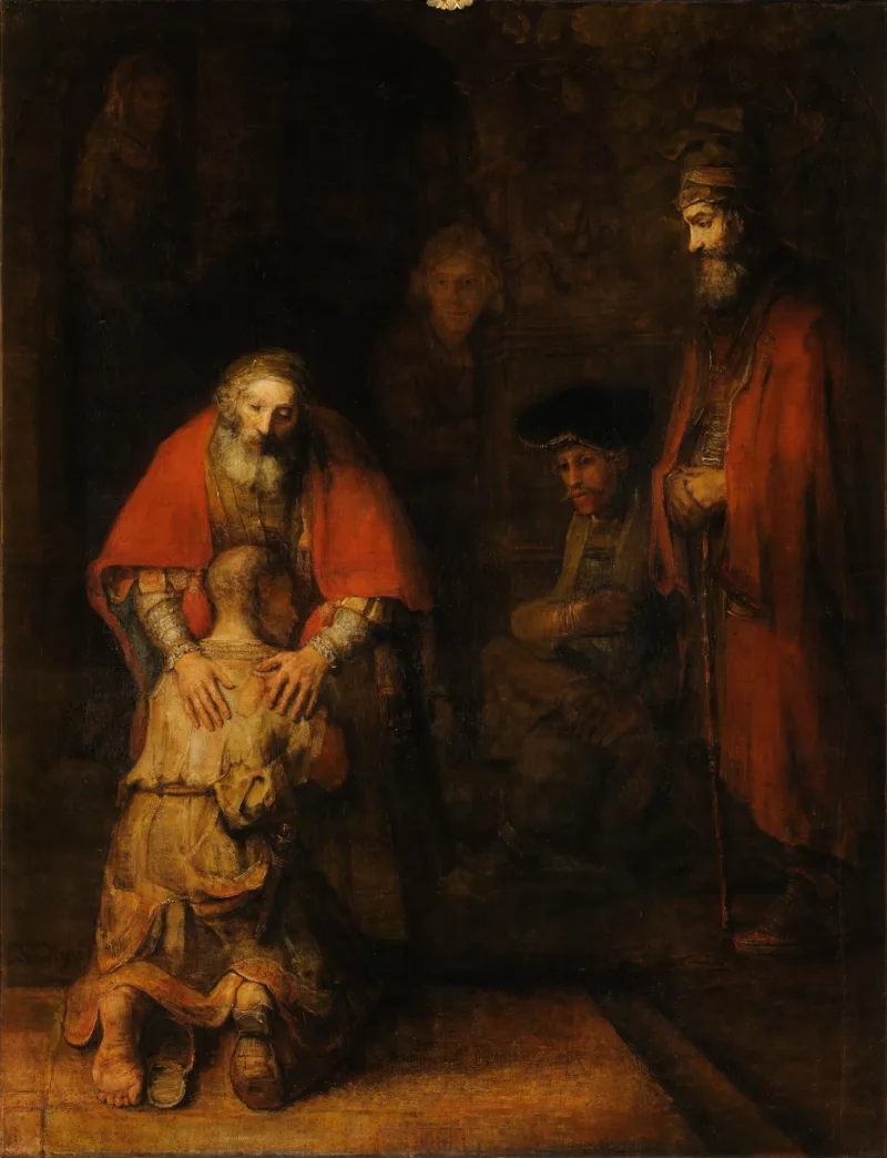 Rembrandt’s The Return of the Prodigal Son: a kneeling son in rags is embraced by his aged father, whose hands rest on his shoulders.