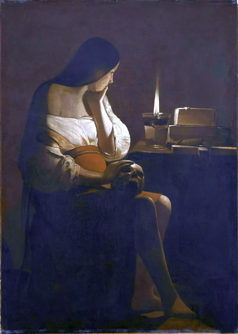 Georges de La Tour’s Magdalene: a seated woman rests her hand on a skull in her lap, gazing at a single candle flame in a dark room.